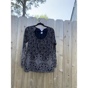 Liz Wear Blouse Women's medium Paisley Long Sleeve black grey whimsygoth‎ fairy